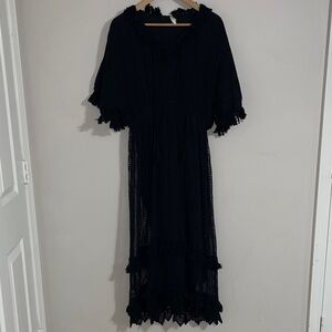 Place Nationale open knit black fringe midi dress small